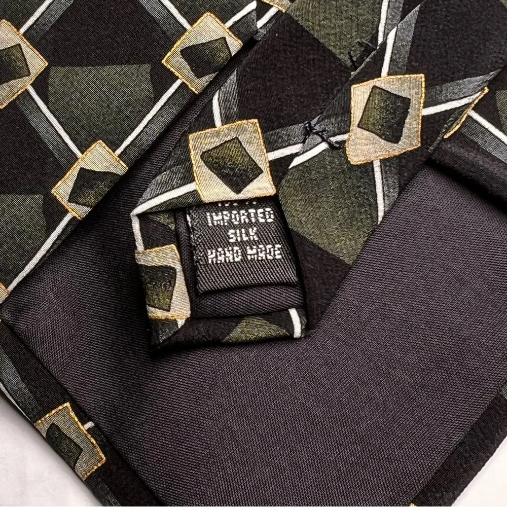 Urban Canvas men's necktie green black gold diamonds handmade 100%  silk‎